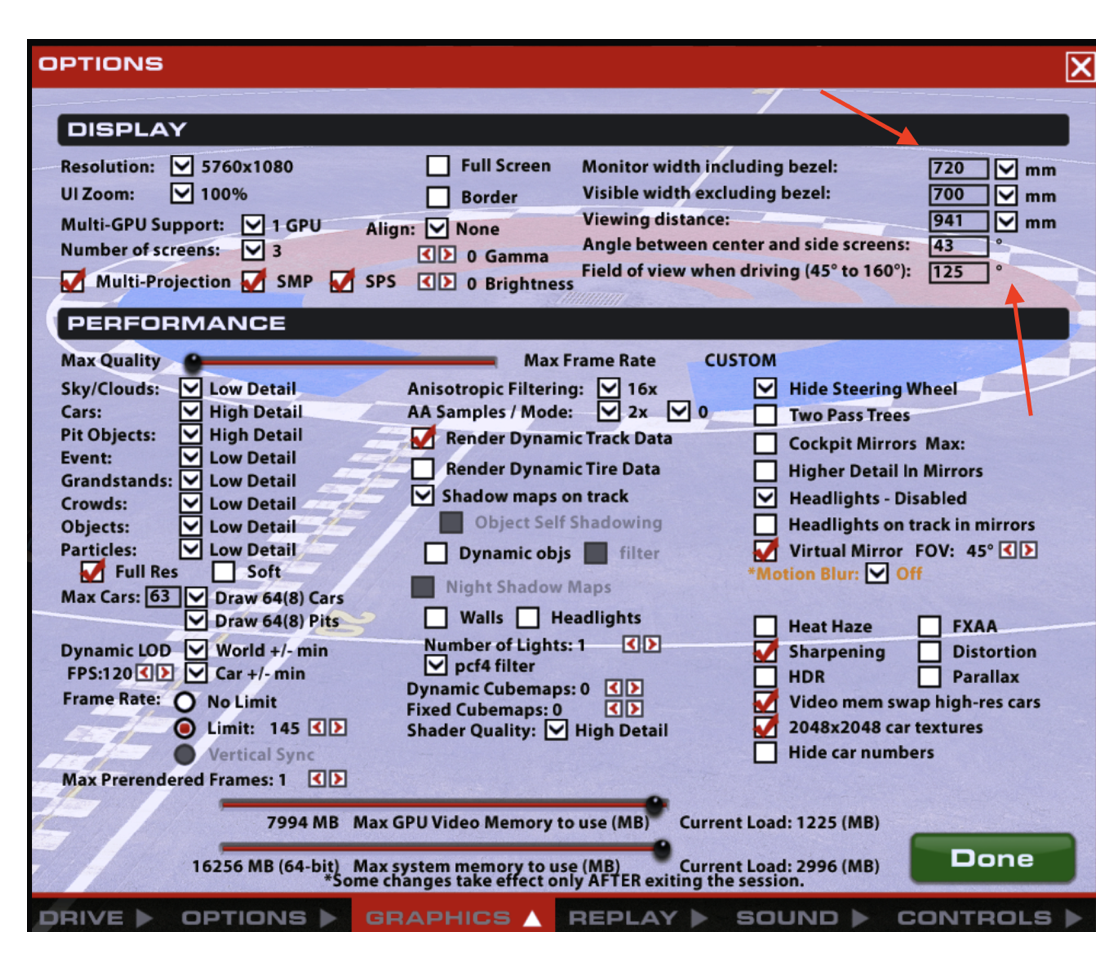 iRacing Graphics Options page